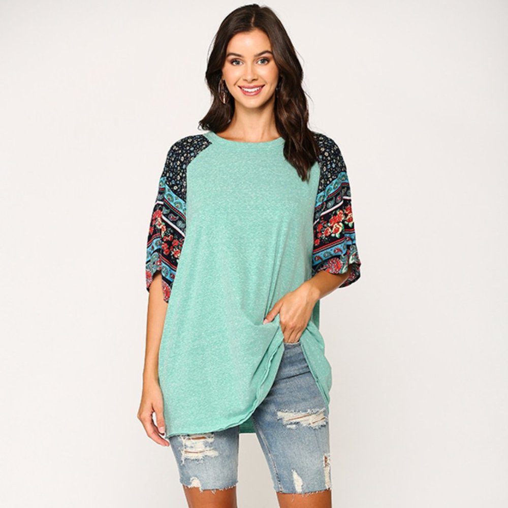 GIGIO/UMGEE Seagreen Knit Top With Mixed Print Sleeves